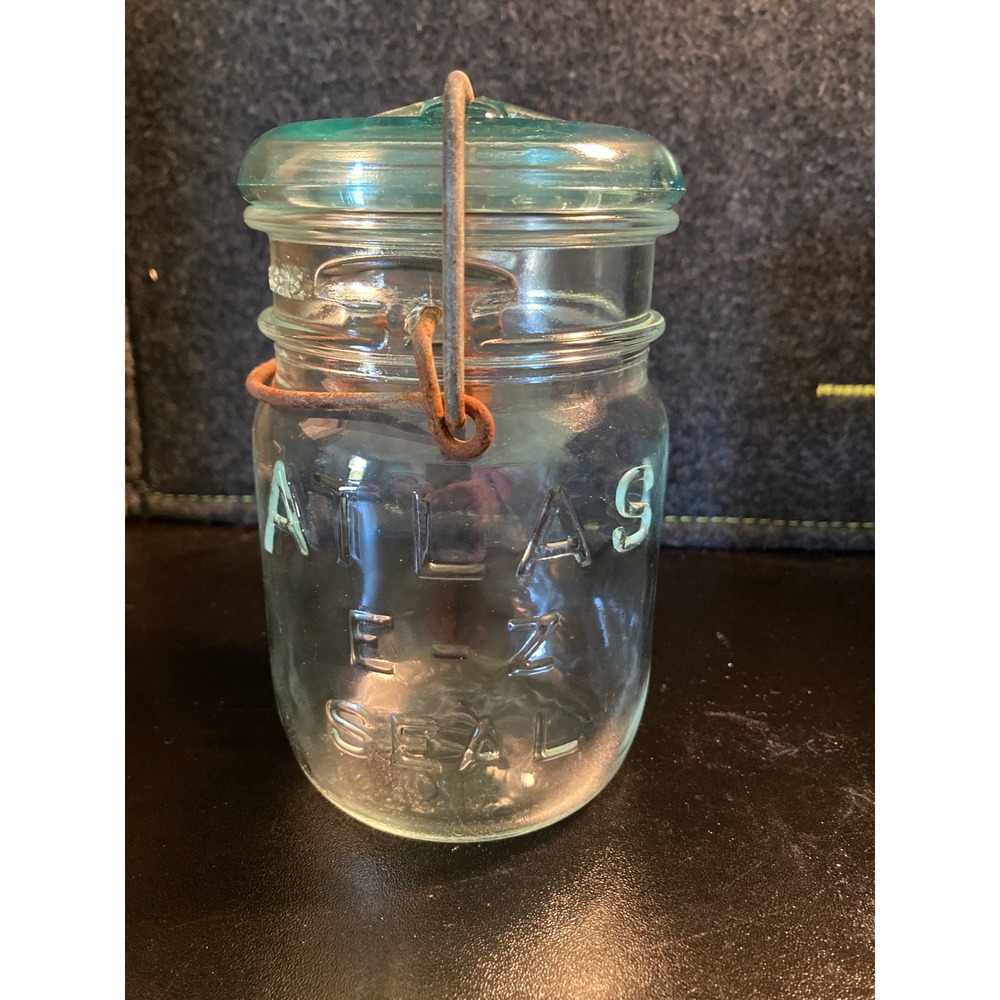 Vintage Atlas E-Z Seal Aqua Blue Glass Mason‎ Jar with Lid Wire Bail 5.5in